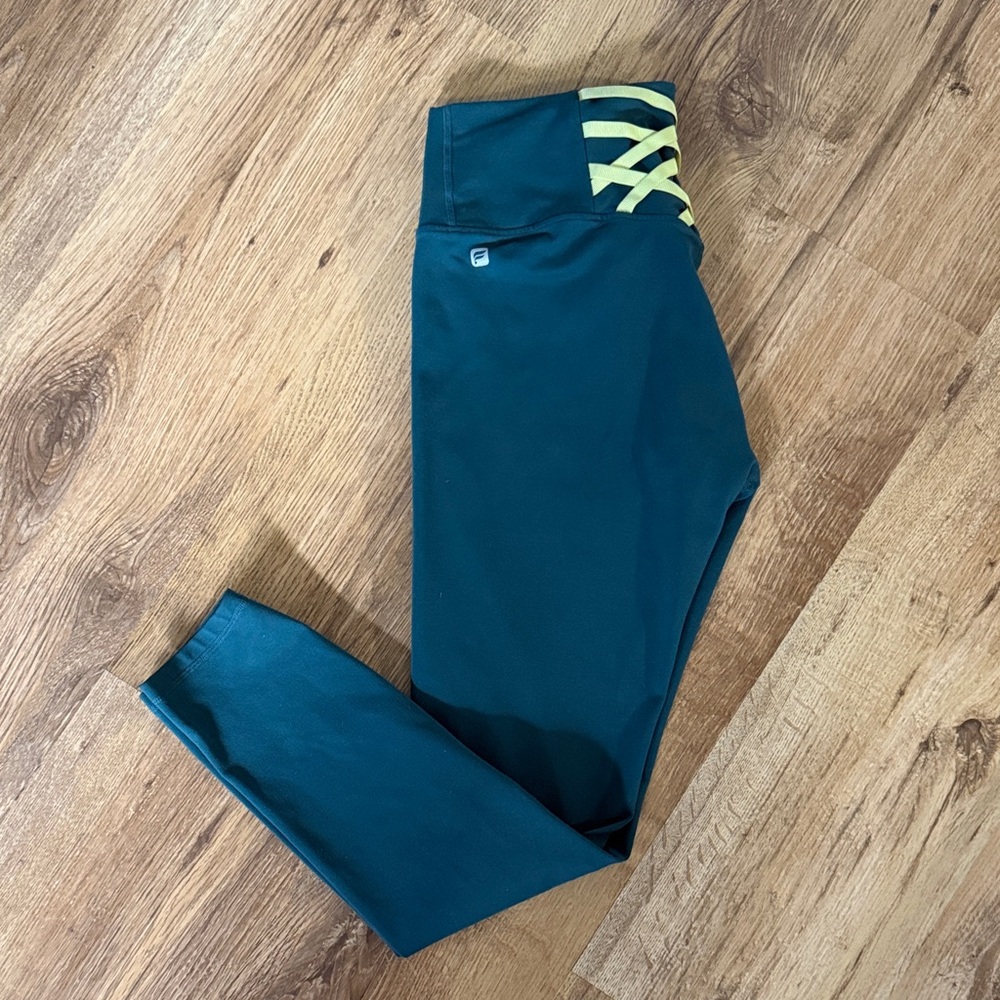 Fabletics Teal Leggings with Yellow Crisscross - M